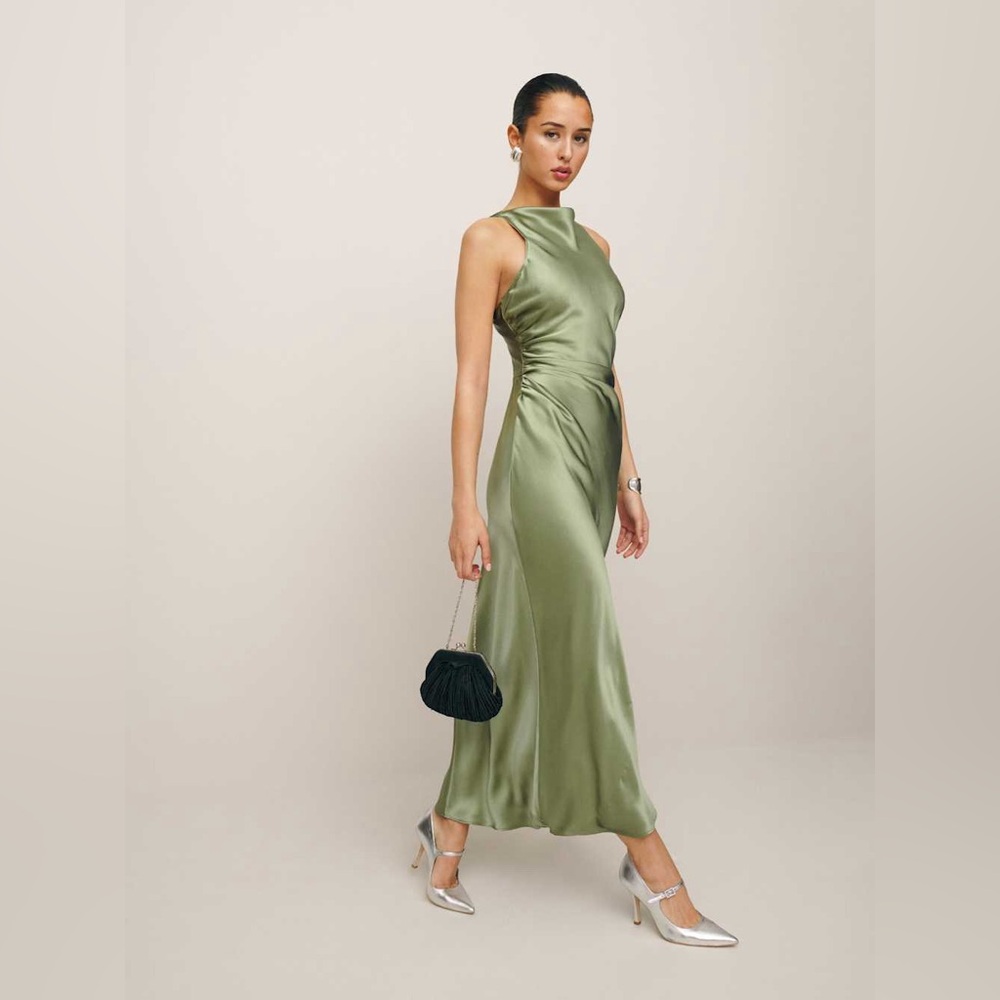 Nwt reformation cassette silk dress in artichoke / size 4 - Picture 5 of 8